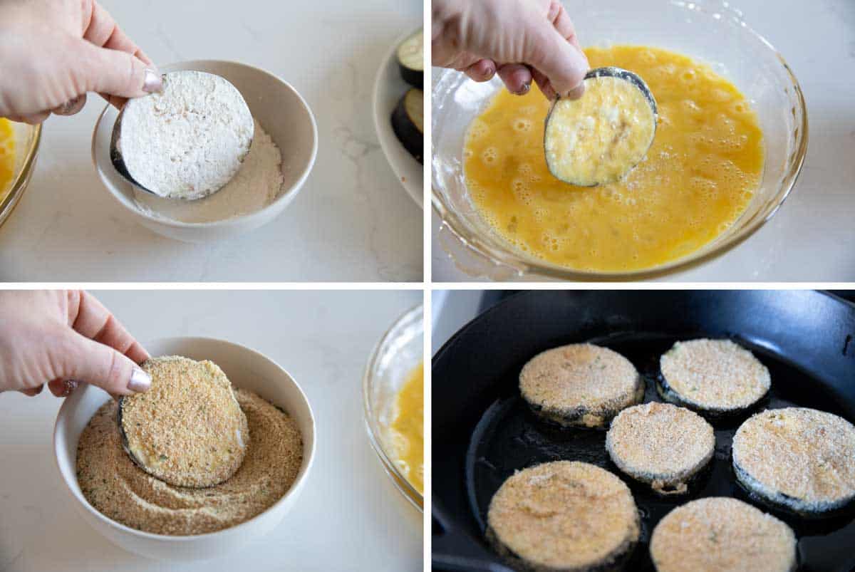Four photos showing how to coat and fry eggplant.