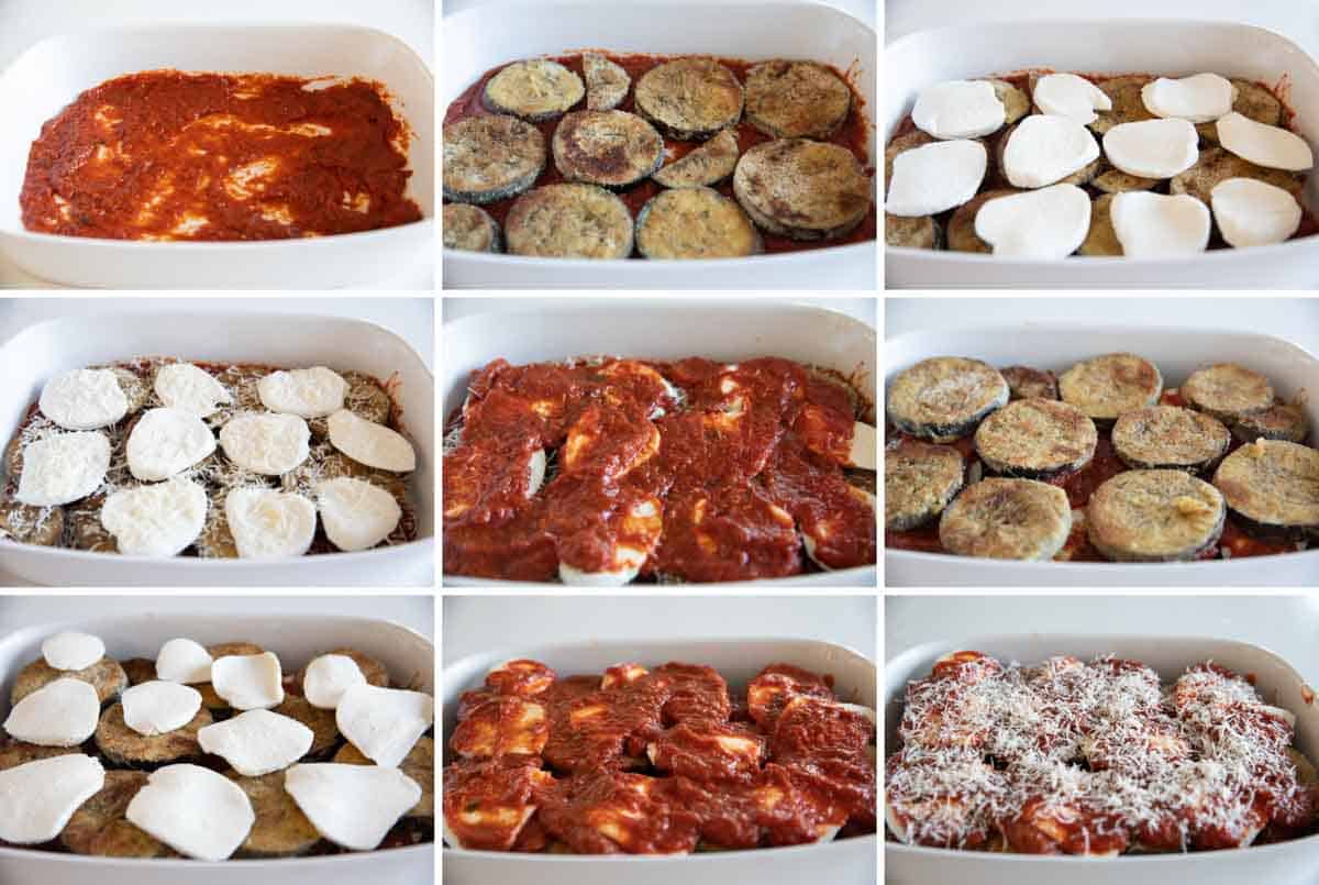 steps showing how to layer eggplant parmesan.