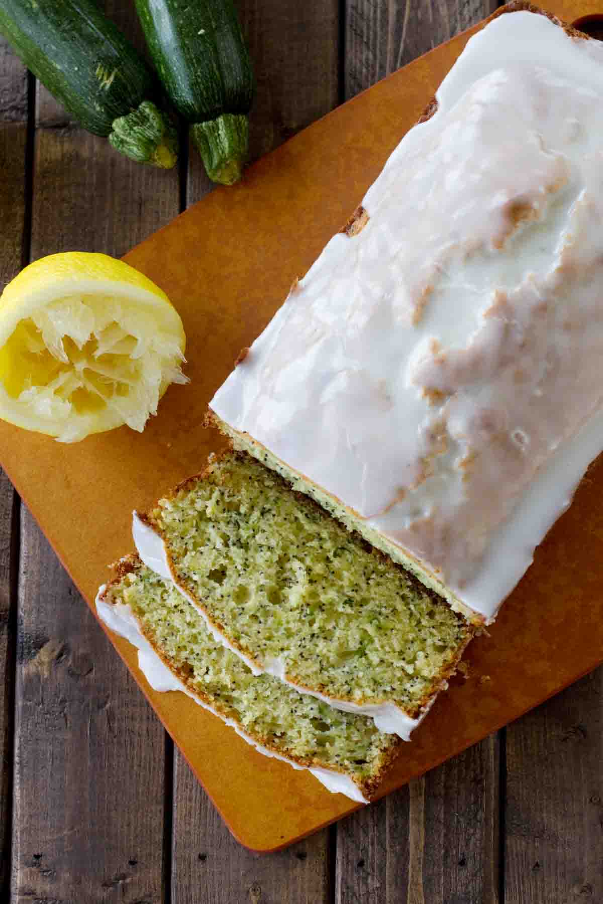 overhead view of the loaf of glazed lemon poppy seed zucchini bread.