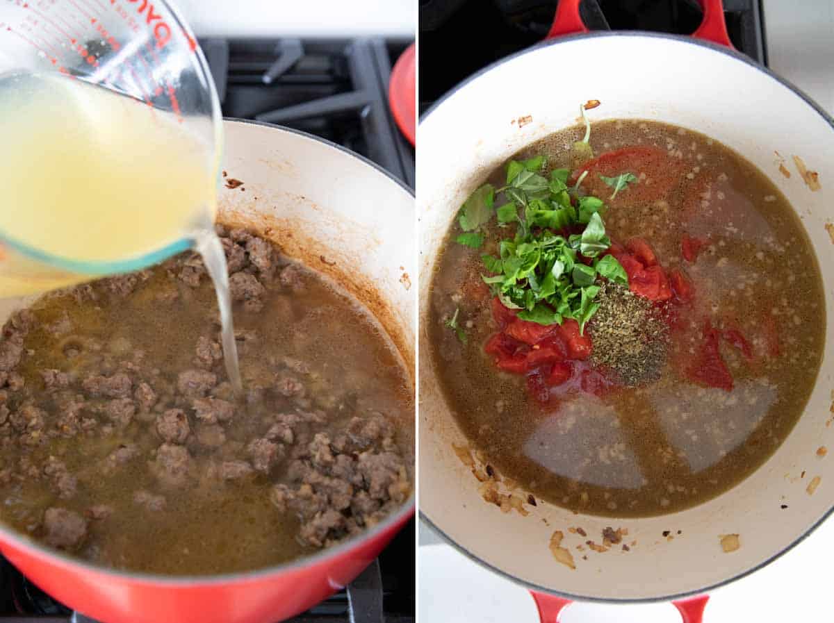 adding ingredients to a dutch oven to make lasagna soup