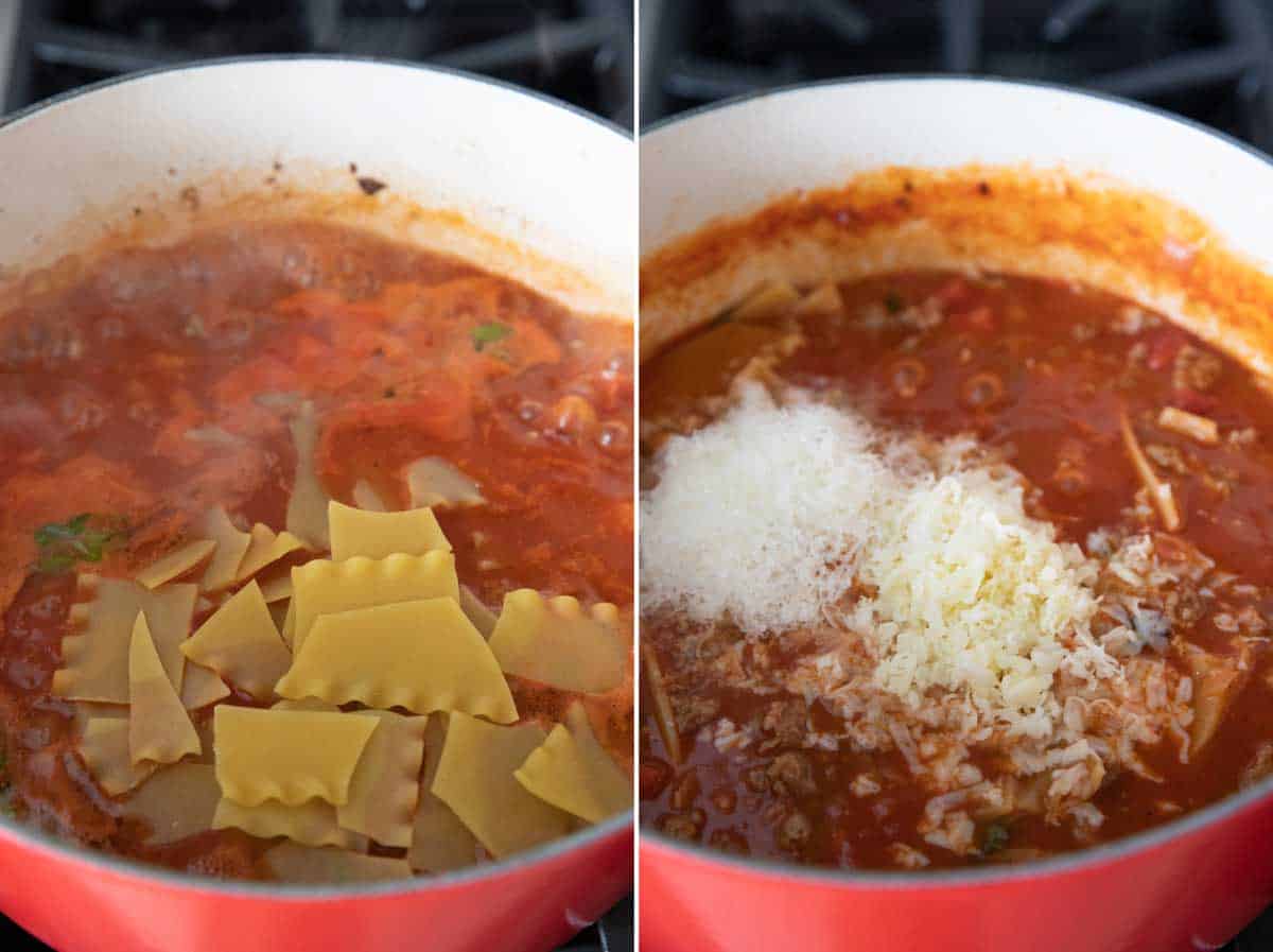 mixing the cheese and pasta into lasagna soup