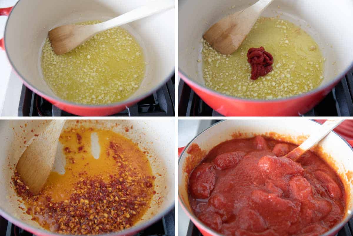 Four photos showing cooking garlic, tomato paste and tomatoes for marinara sauce.