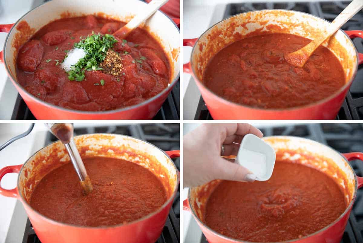 Four steps showing cooking down of marinara sauce and adding spices.