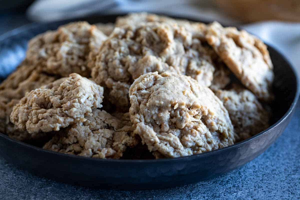 deep plate full of oatmeal coconut cookies