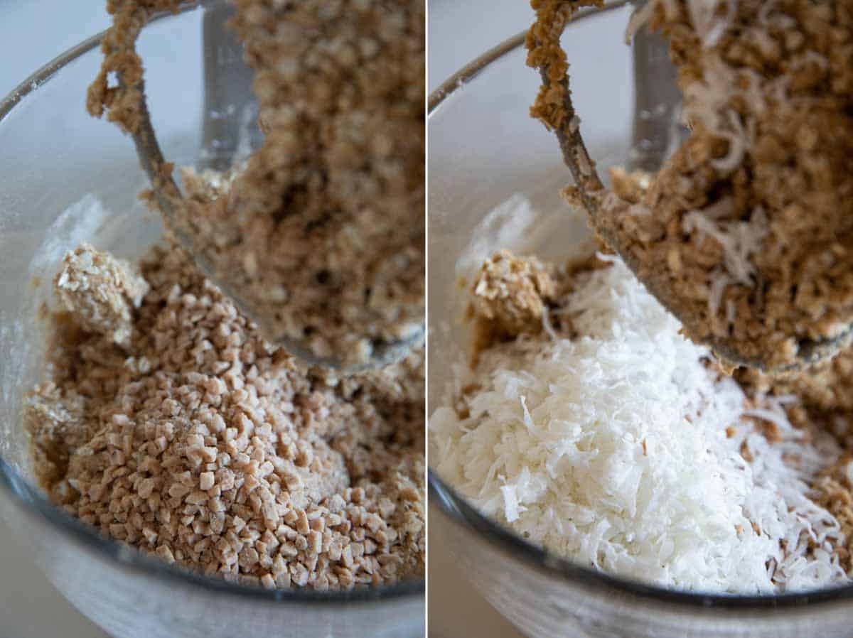 mixing toffee and coconut into cookie dough