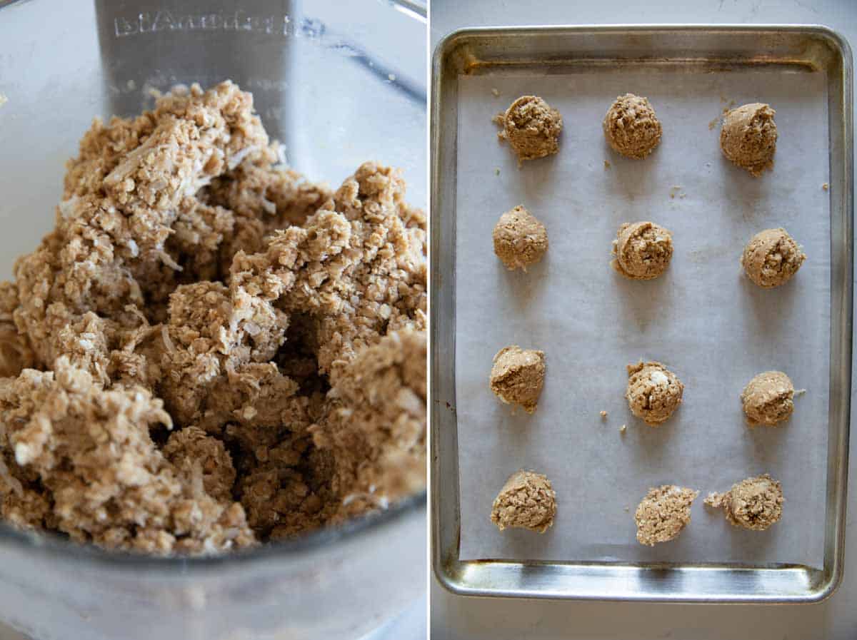 cookie dough and dough in balls on a baking sheet