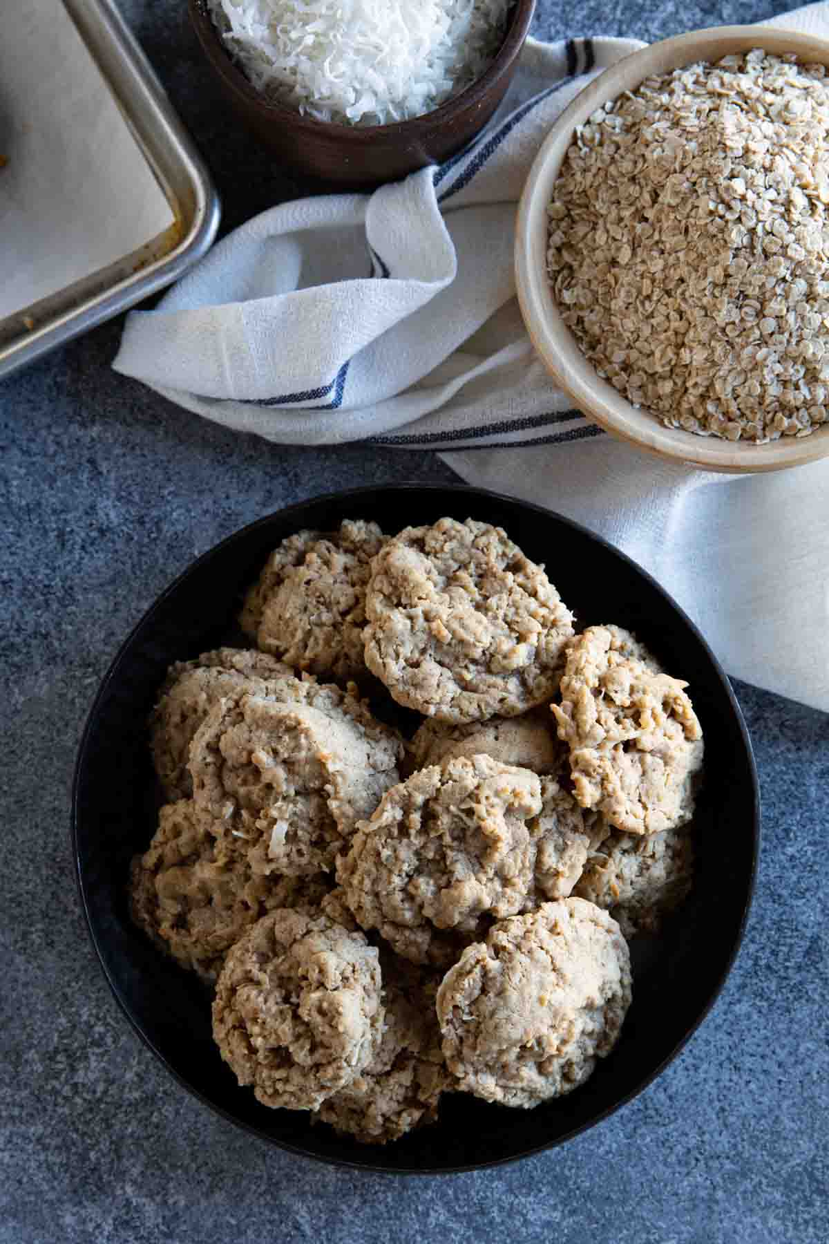 overhead view of oatmeal coconut cookies