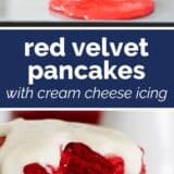 Red Velvet Pancakes with text bar in the middle