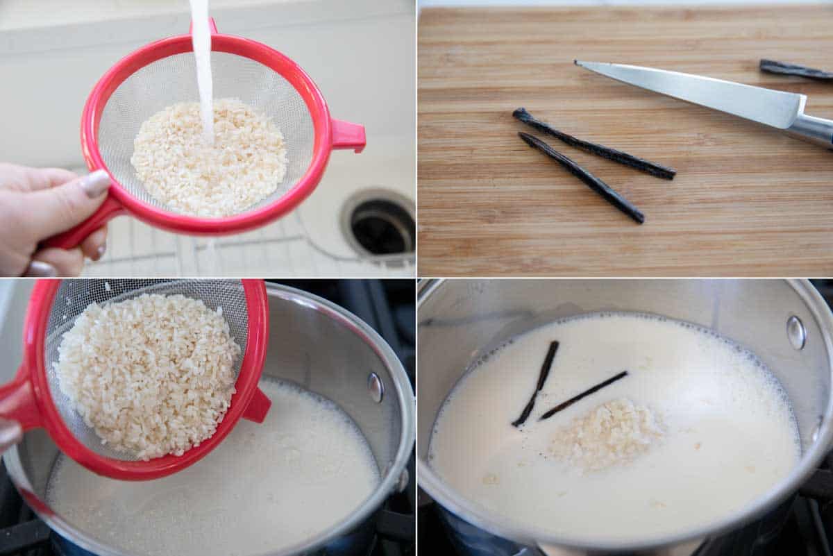 Four step by step photos showing rinsing rice and adding ingredients for vanilla bean rice pudding.
