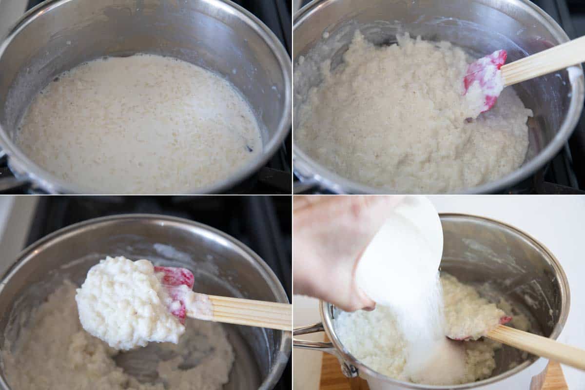 Four photos showing texture of rice pudding as it finishes cooking.