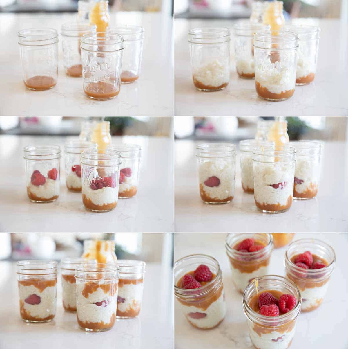 Six photos showing how to assemble rice pudding, caramel, and raspberries.
