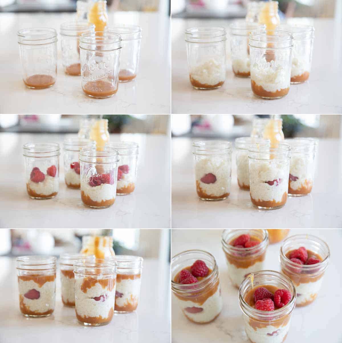 Six photos showing how to assemble rice pudding, caramel, and raspberries.