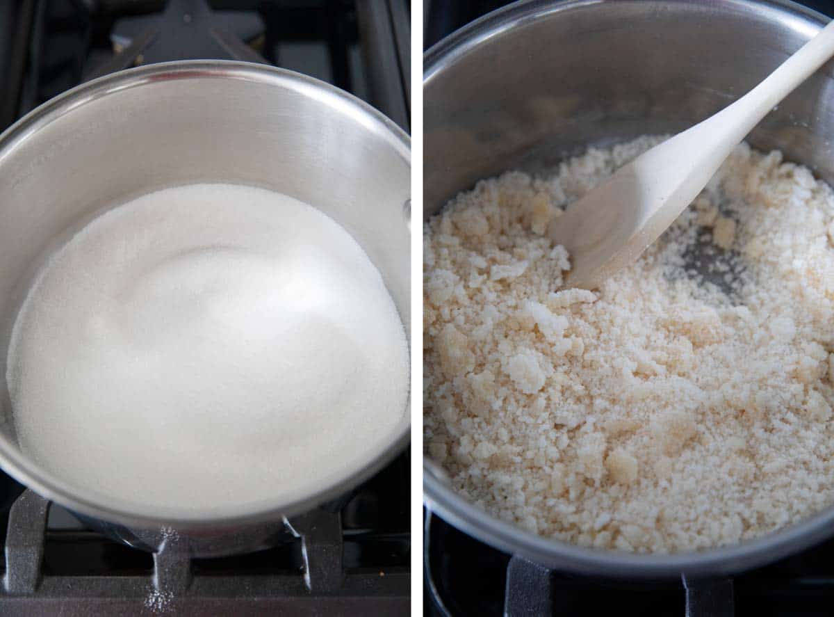 Two photos showing sugar in a saucepan and the sugar starting to melt.