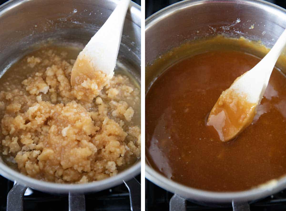 Two photos showing sugar clumping together and melted sugar.