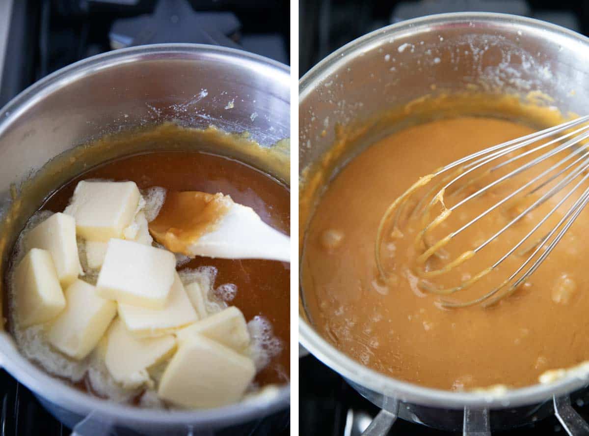 Two photos showing adding butter to caramel sauce and whisking sauce together.