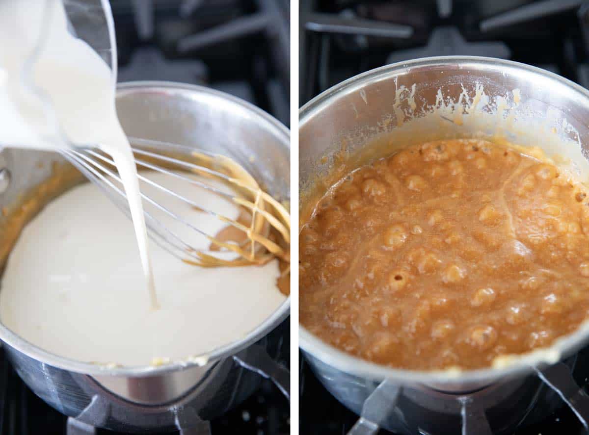 Two photos showing adding cream to salted caramel and caramel boiling.