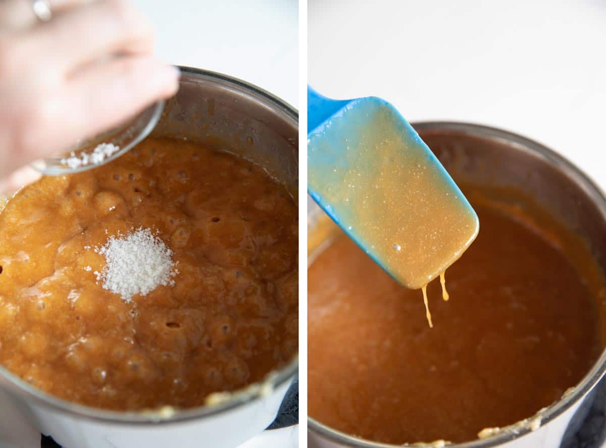 Adding salt and texture of salted caramel sauce once finished cooking.