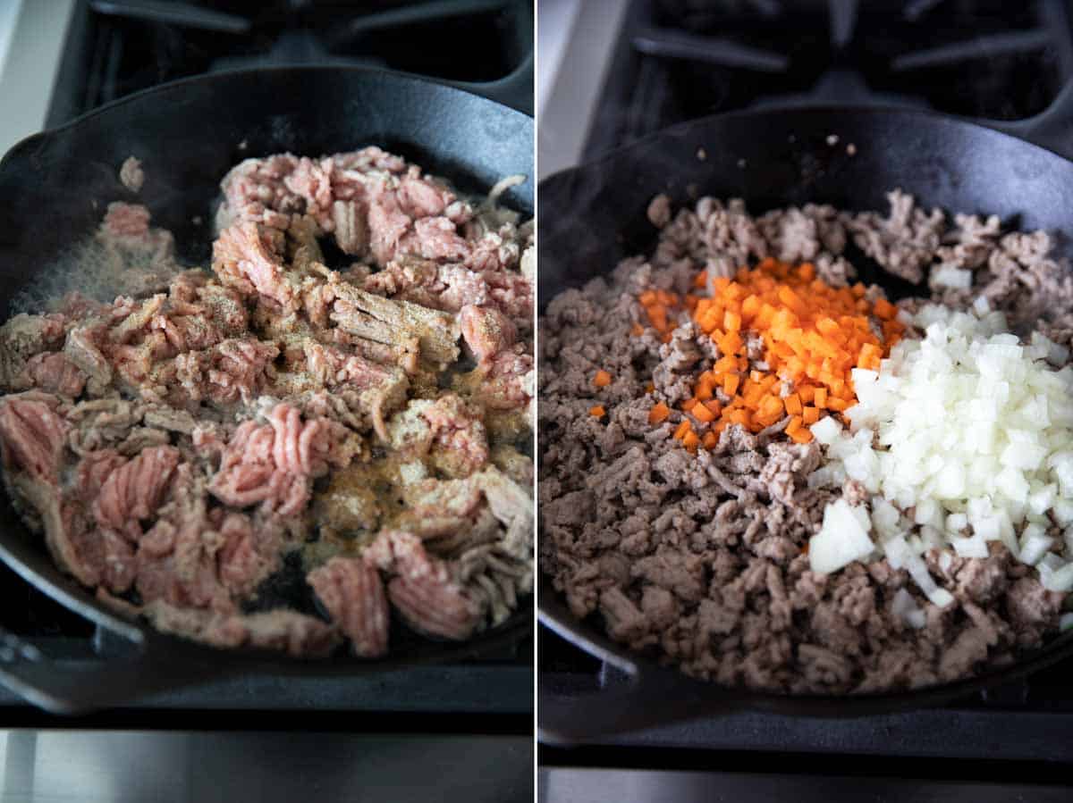browning ground turkey with carrots and onion