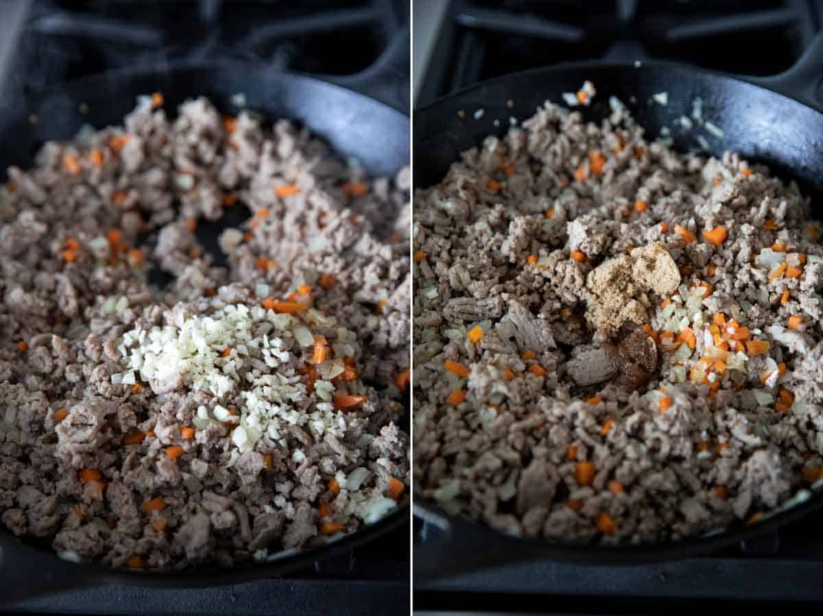 adding garlic and seasoning for ground turkey sloppy joes