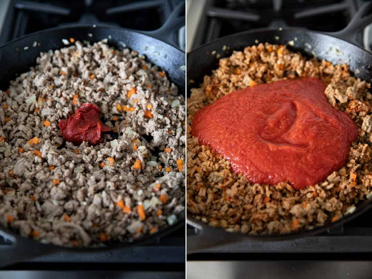 adding tomato paste and tomato sauce to ground turkey