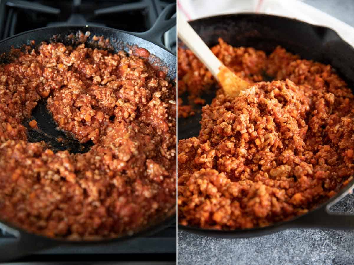 making turkey sloppy joes in a cast iron skillet