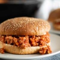 close up of turkey sloppy joe on a whole wheat bun