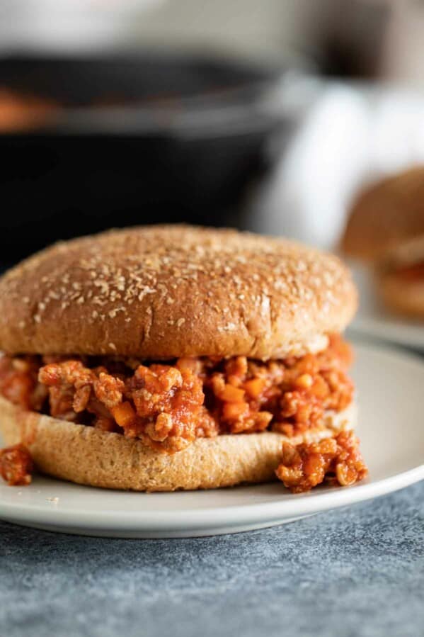 close up of turkey sloppy joe on a whole wheat bun