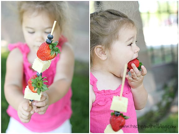 two photos showing girl eating dessert kabobs