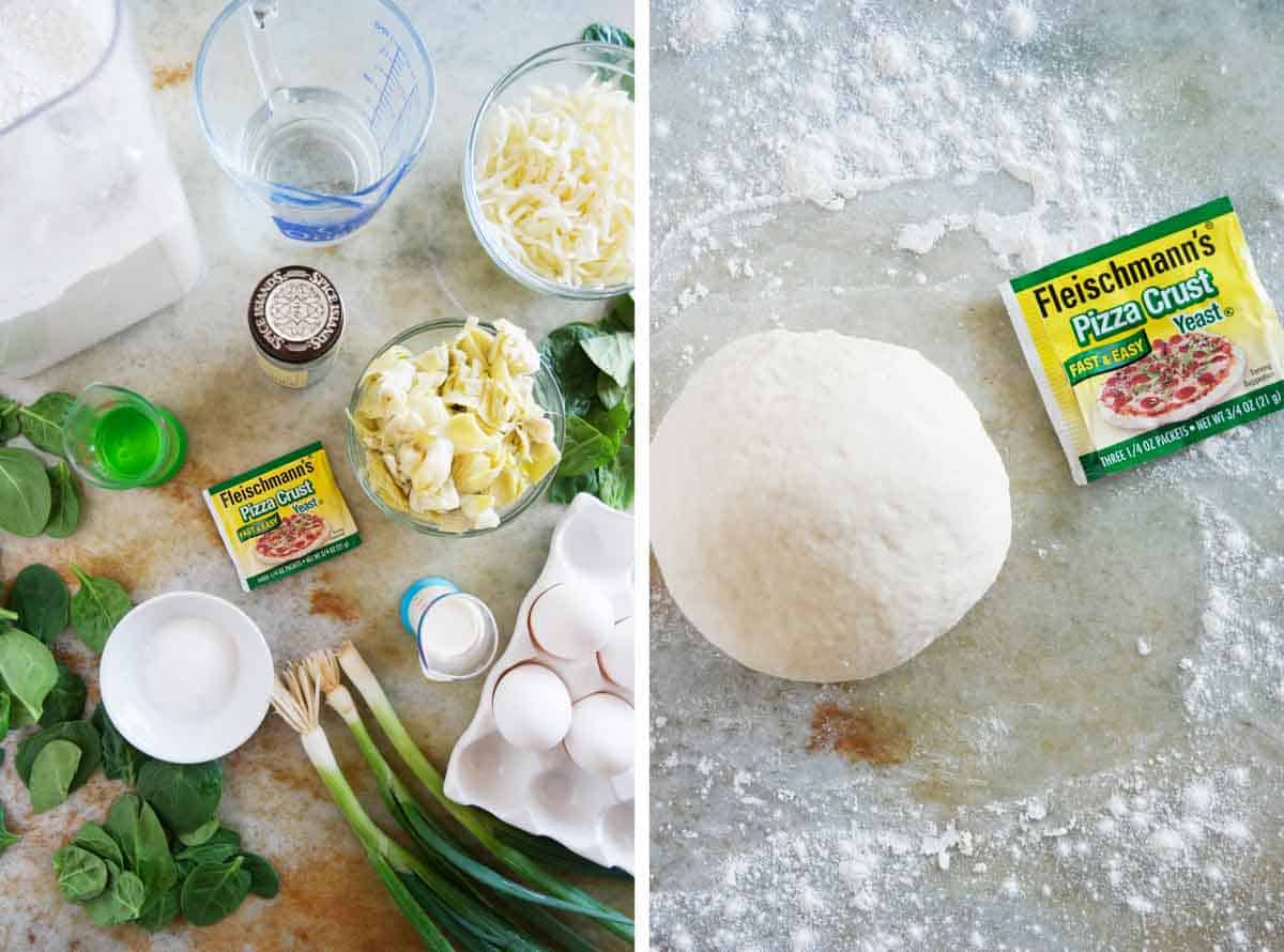 two photos showing ingredients for Artichoke Spinach Quiche Pizza and pizza dough in a ball
