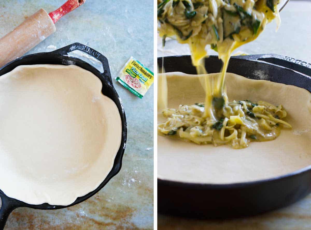two photos showing pizza dough in cast iron skillet and adding filling to quiche pizza