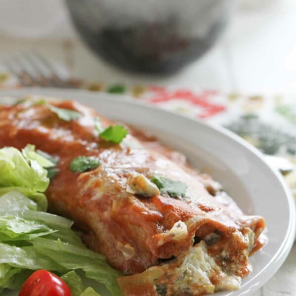 Single Artichoke and Spinach Enchilada on a plate with a salad