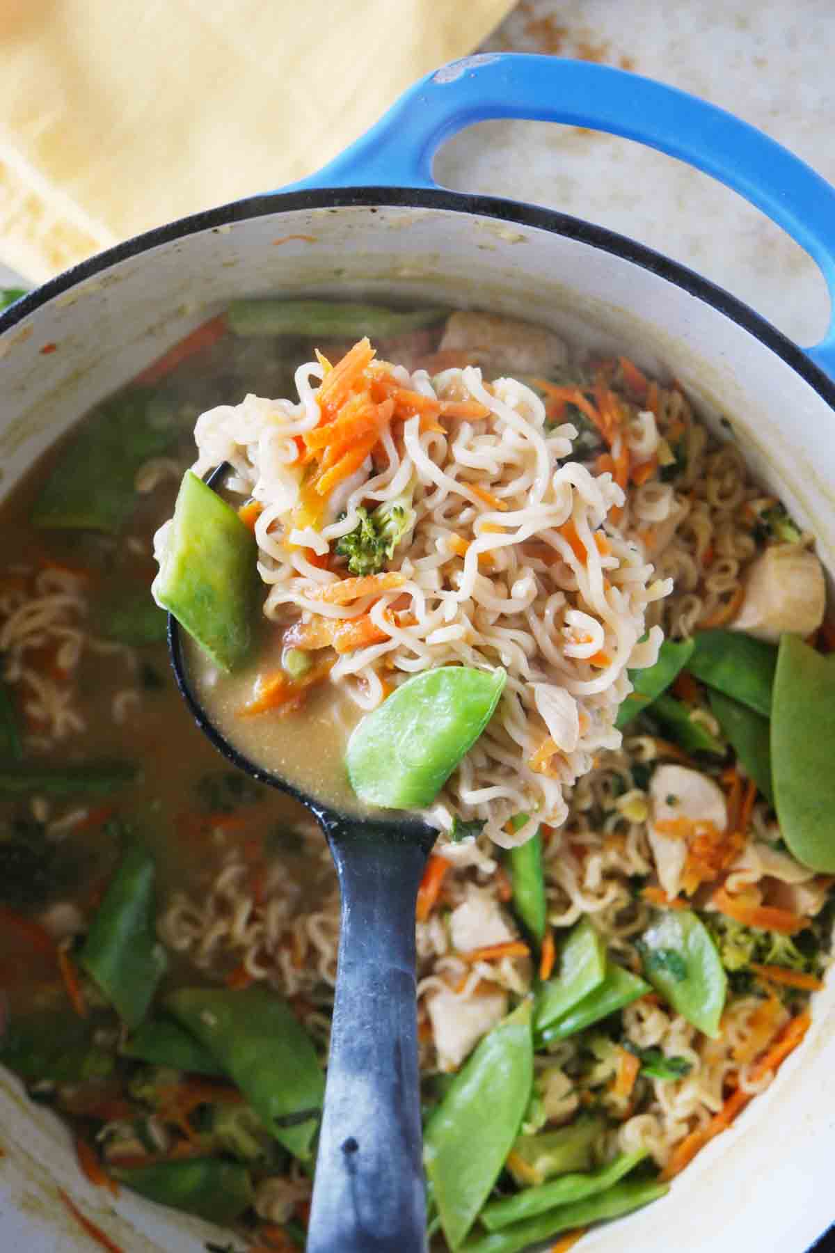 Dutch oven with a ladle full of Asian Chicken Noodle Soup