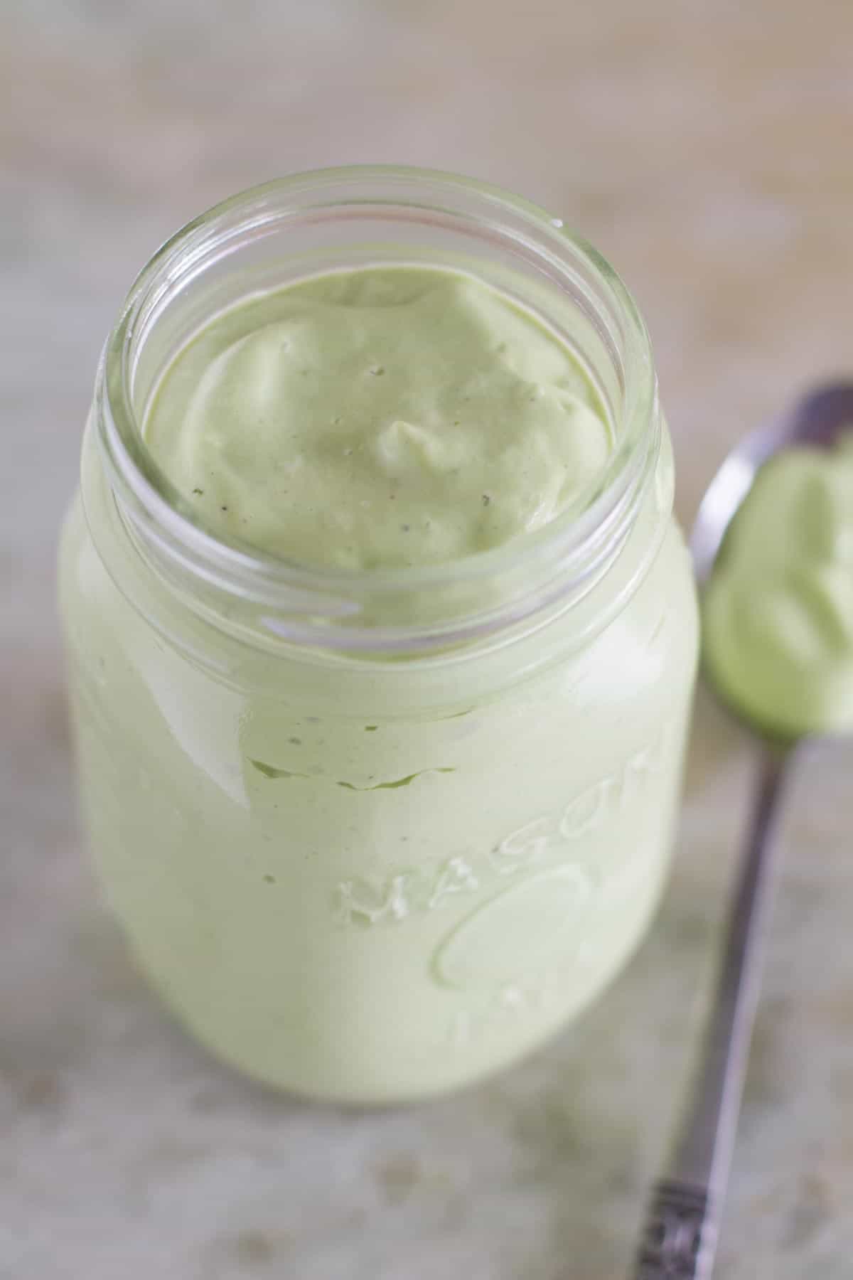 Mason jar full of Avocado Ranch Salad Dressing