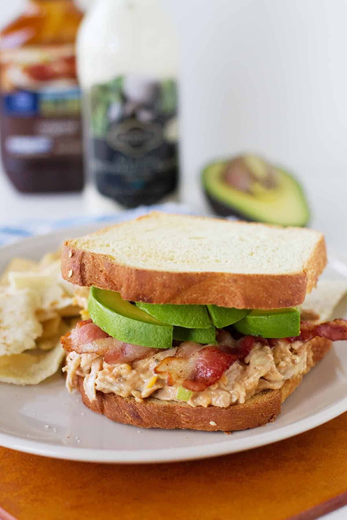 sandwich made with BBQ Chicken Salad with Ranch with bacon and avocado