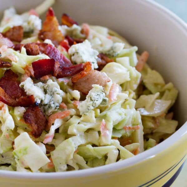 close up of Bacon Blue Cheese Coleslaw