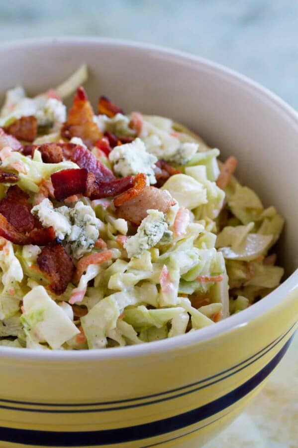 close up of Bacon Blue Cheese Coleslaw