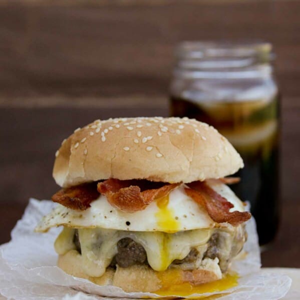 Bacon and Egg Burger on a cutting board