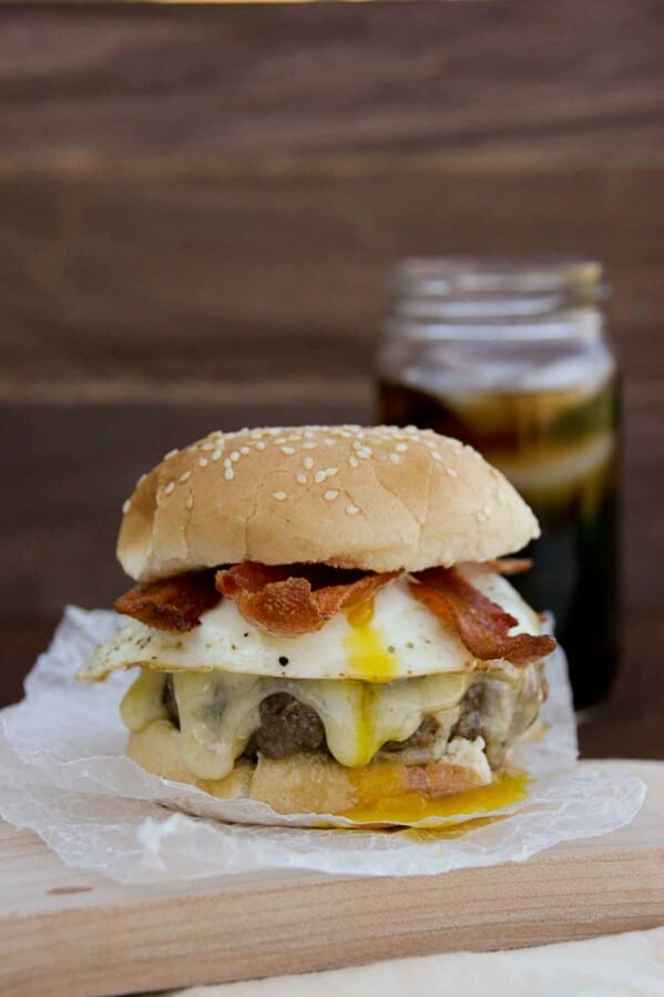 Bacon and Egg Burger on a cutting board