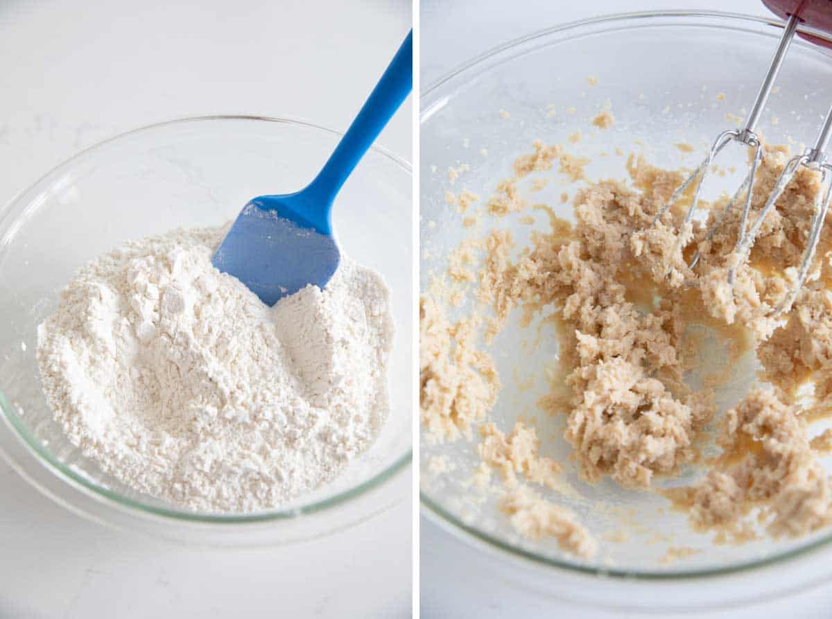 mixing dry ingredients for cookies and mixing butter and sugar for cookies