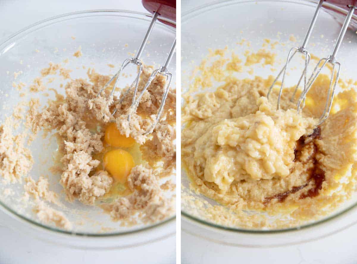Adding eggs to butter and sugar and adding mashed banana and vanilla