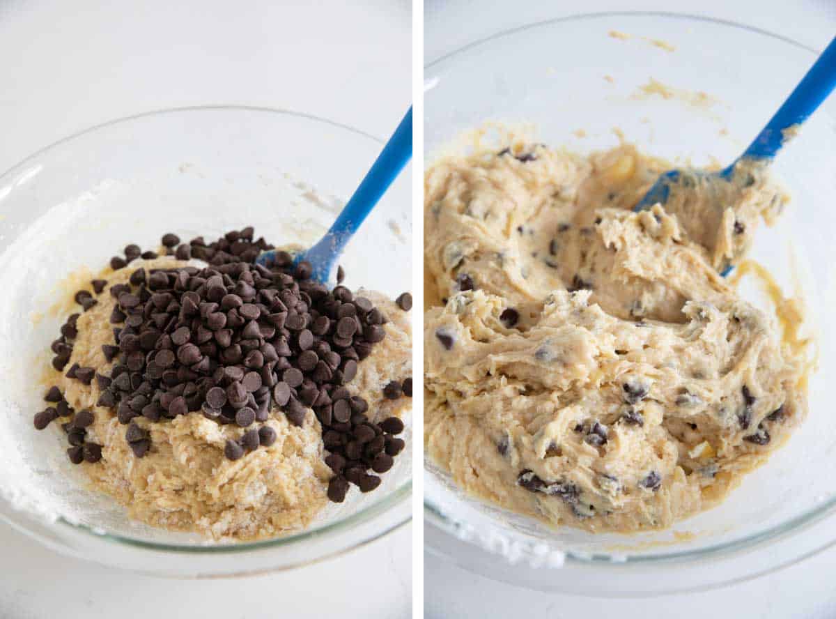 adding chocolate chips to cookie dough and mixing