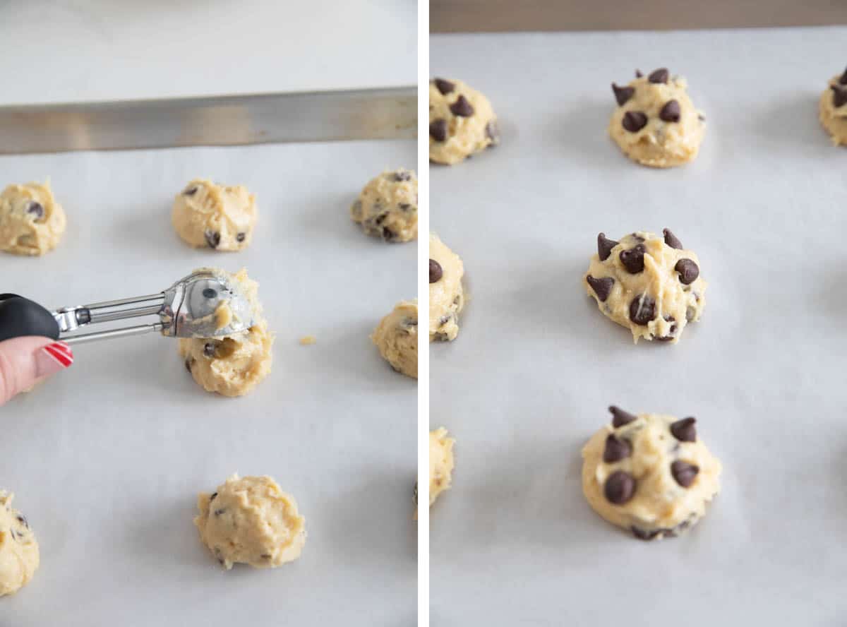 Soft banana cookies are filled with chocolate chips. These Banana Chocolate Chip Cookies are the perfect use for overripe bananas. balls of cookie dough on a baking sheet