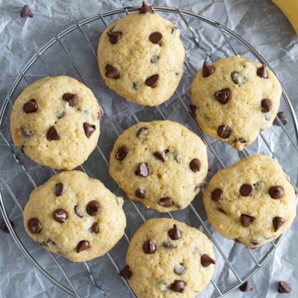 overhead view of banana chocolate chip cookies on a cooling rack