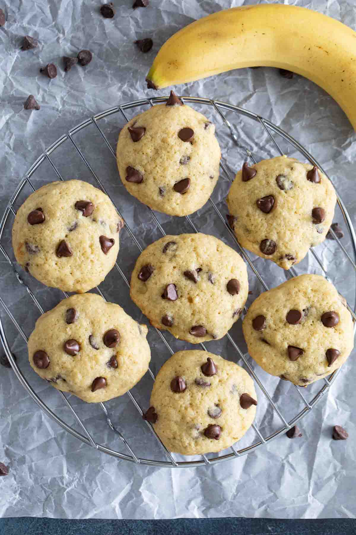 overhead view of banana chocolate chip cookies on a cooling rack