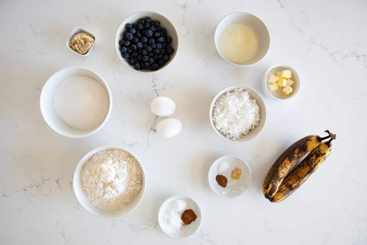 ingredients needed to make blueberry banana bread with coconut.