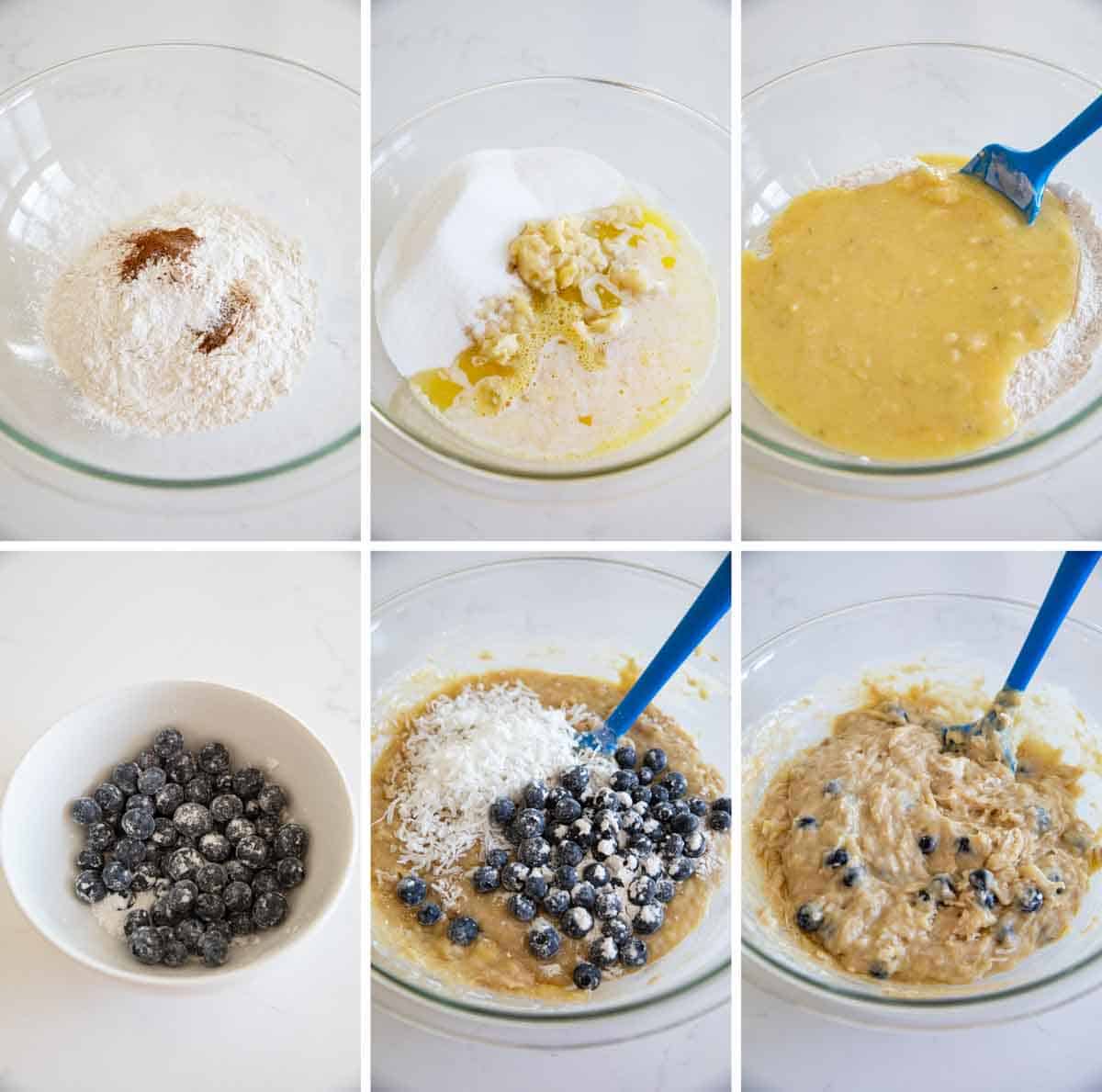 steps to make the batter for blueberry banana bread with coconut.