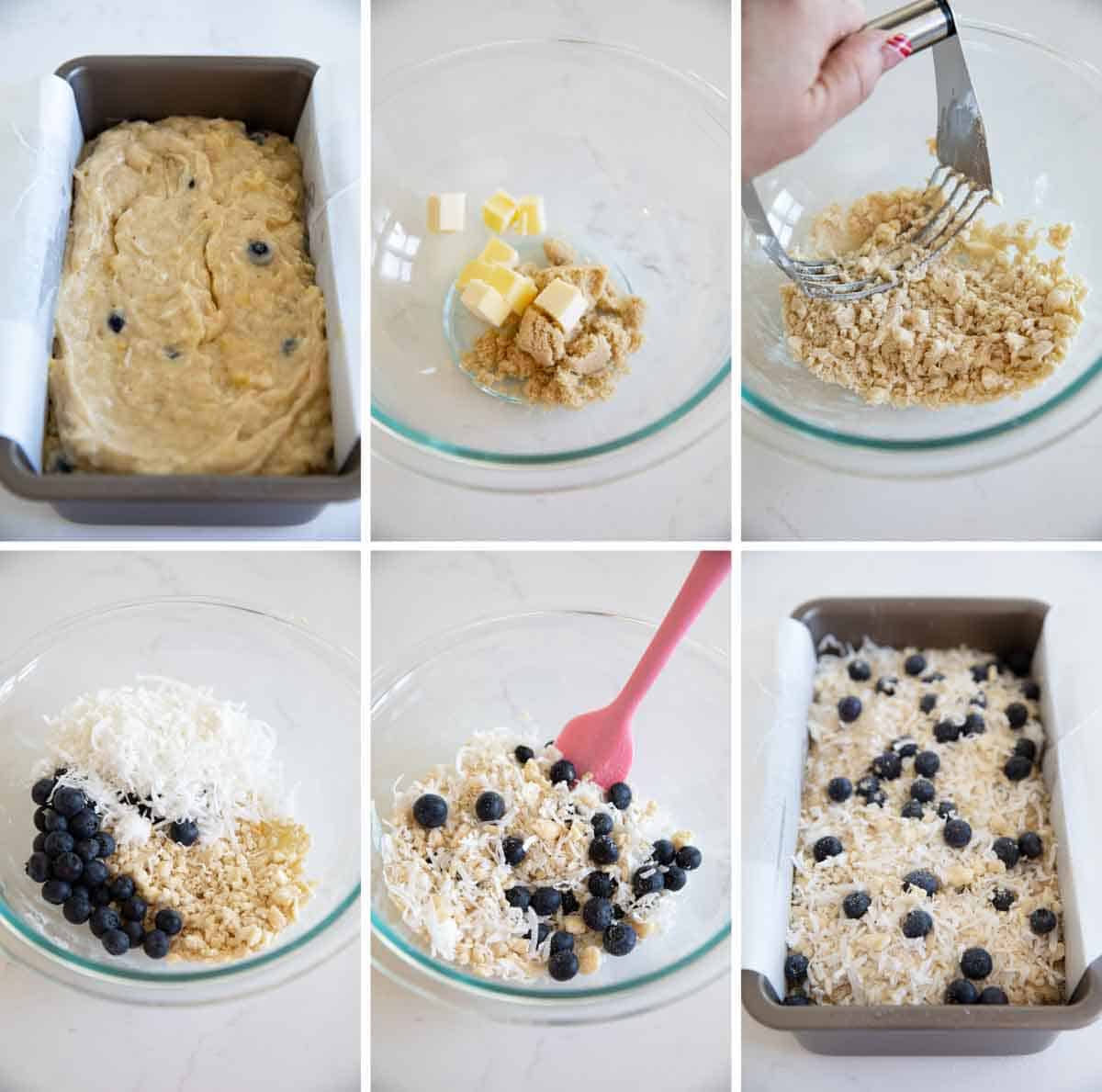 Photos showing steps to make streusel topping for blueberry banana bread.