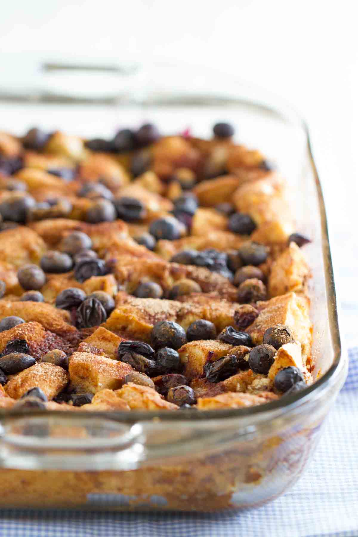 casserole dish of blueberry banana french toast bake