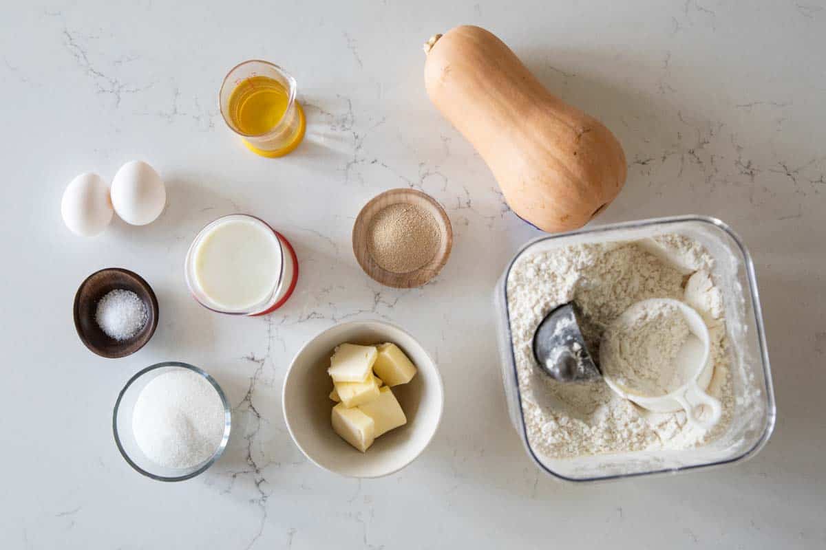 Ingredients needed to make butternut squash bread.