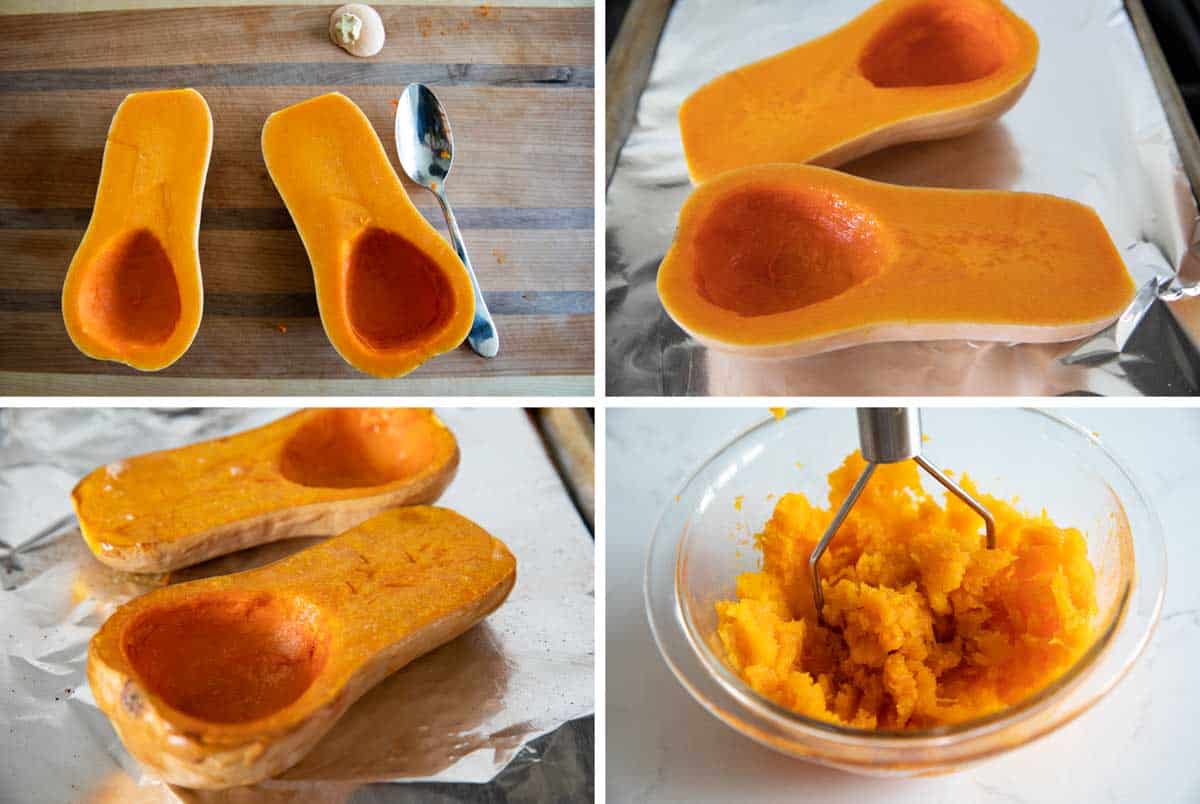 Photos showing steps to roast and mash butternut squash.